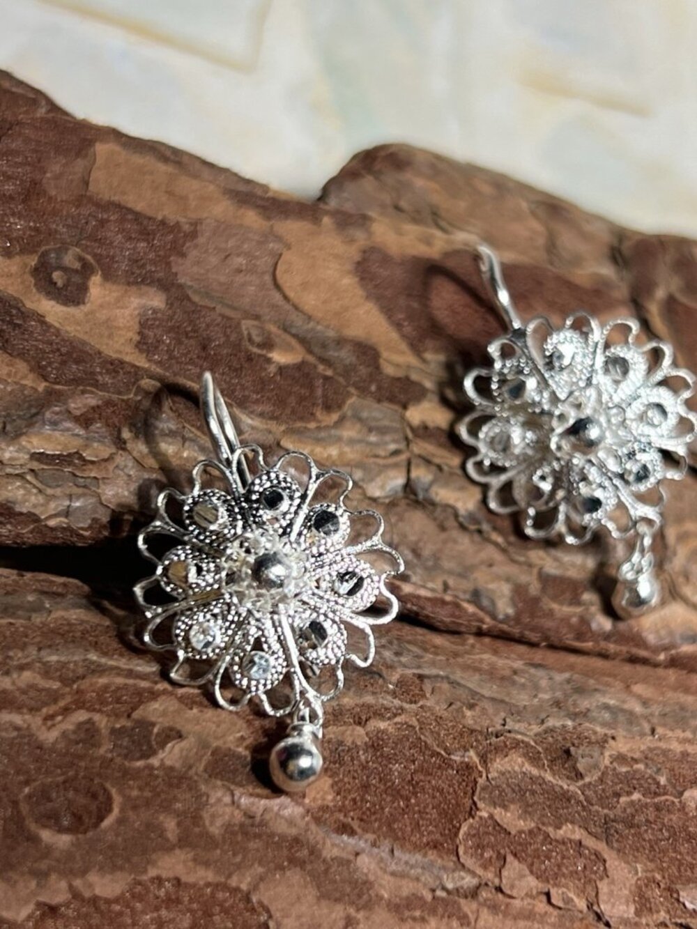 Mexican Filigree 925 Sterling Silver Floral Leverback Dangle Earrings